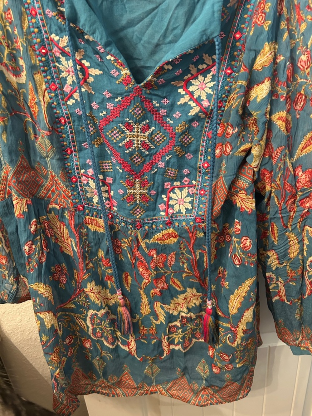 Teal Embroidered Boho Tunic Top with Multicolor Floral Details Festival - Picture 7 of 8